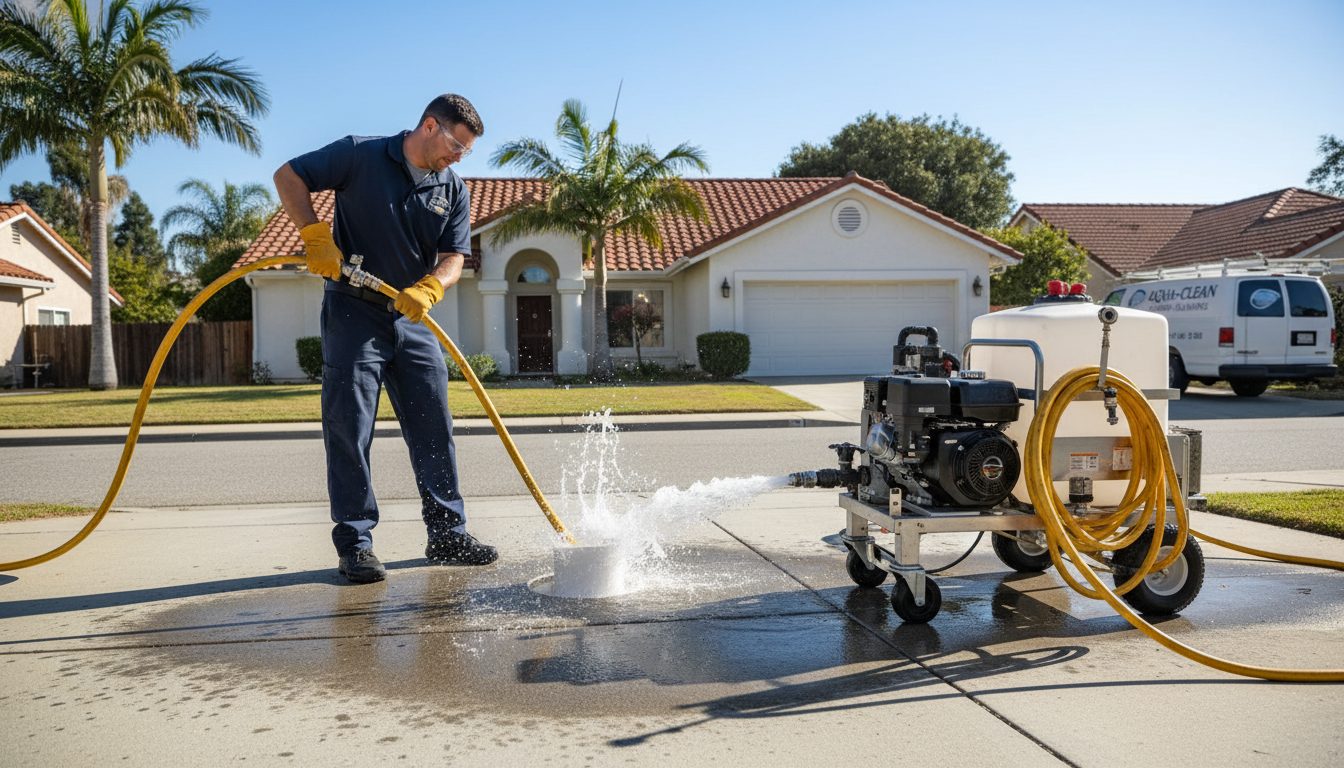 Hydro jetting drain cleaning process illustration