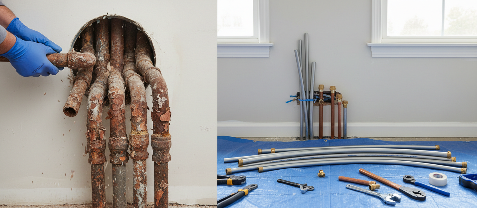 Corroded galvanized pipes being replaced in a San Jose home