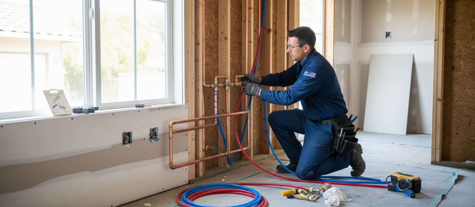 Professional plumber performing whole house repiping in a San Jose home