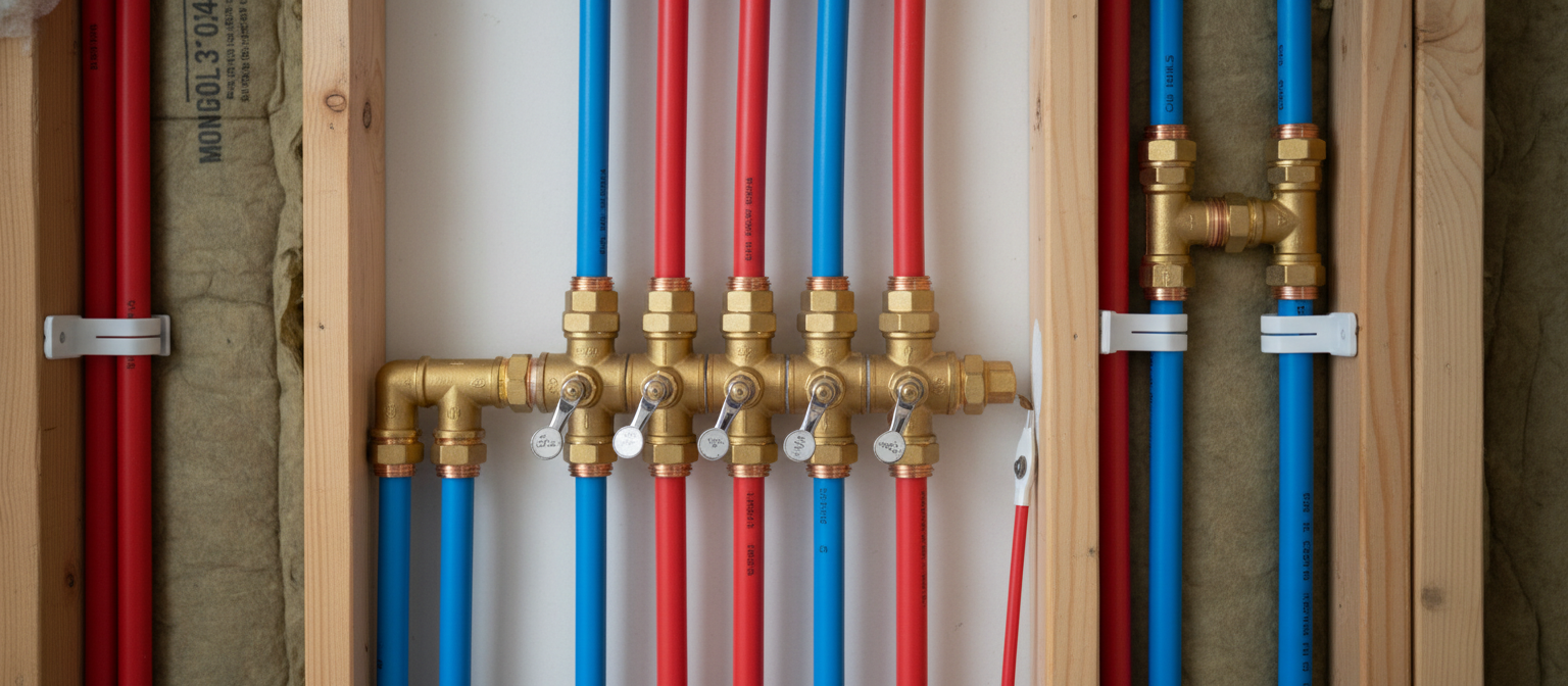 PEX piping installation showing red and blue cross-linked polyethylene water supply lines in a San Jose home