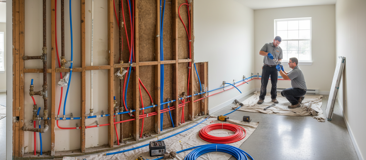 Licensed plumber installing new water supply lines during a whole house repiping project in San Jose